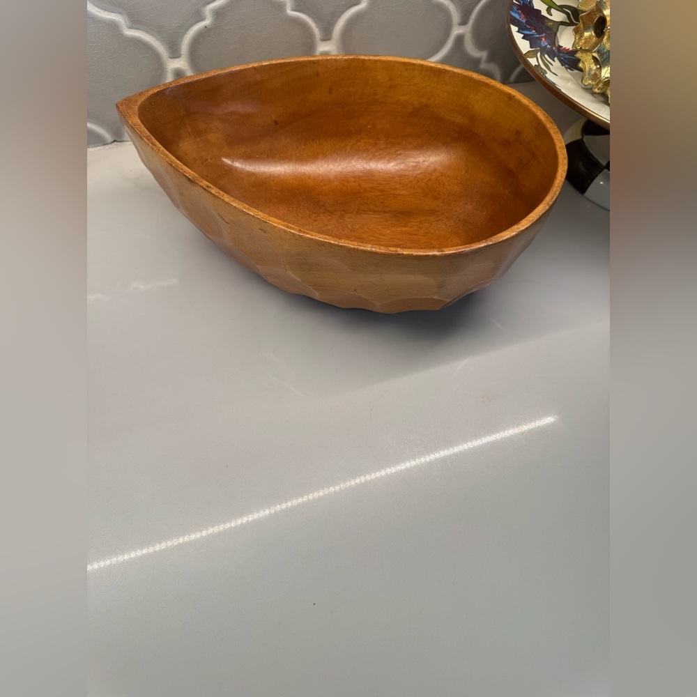 Vintage Hand-Carved Teardrop Wood Bowl | Mid Century Modern Faceted Boho Decor - Picture 6 of 7